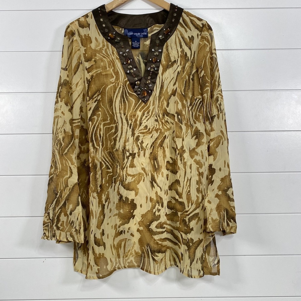 Susan Graver Shirt Womens Medium Brown Gold Animal Print Beaded Tunic Blouse Top